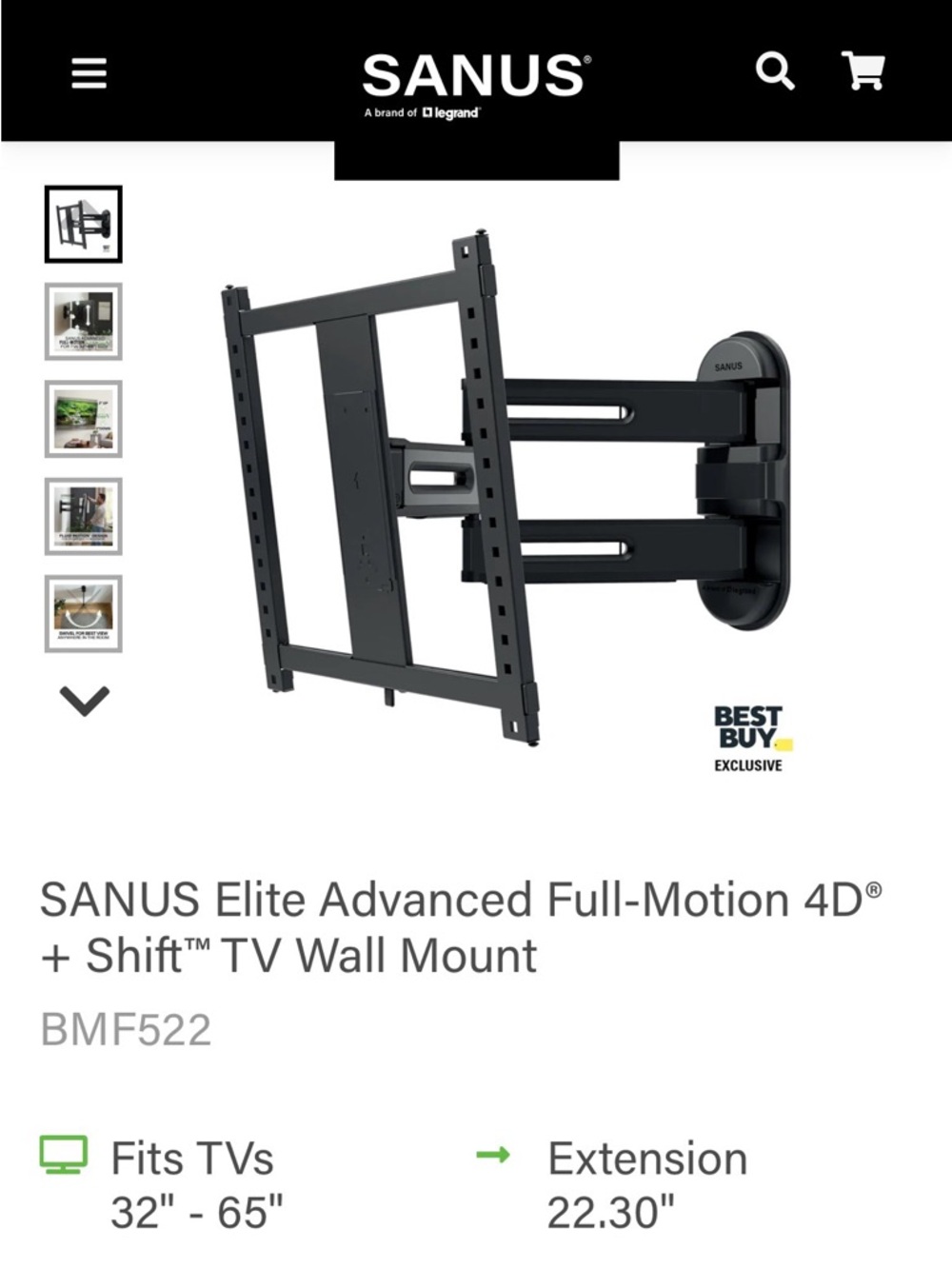 SANUS Elite Advanced Full-Motion 4D° + Shift™ TV Wall Mount BMF522